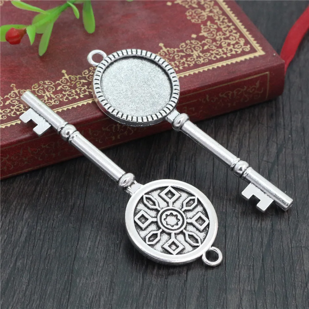 5pcs 20mm Inner Size Antique Silver Plated Bronze Black Key Style Cabochon Base Setting Charms Pendant