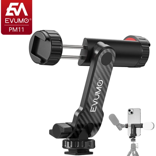 Abrazadera para soporte de teléfono, trípode, soporte para teléfono, Clip doble para zapata fría 360 ° Giratorio 180oTilt EVUMO PM11 para monopié de cámara con trípode de tornillo 1/4