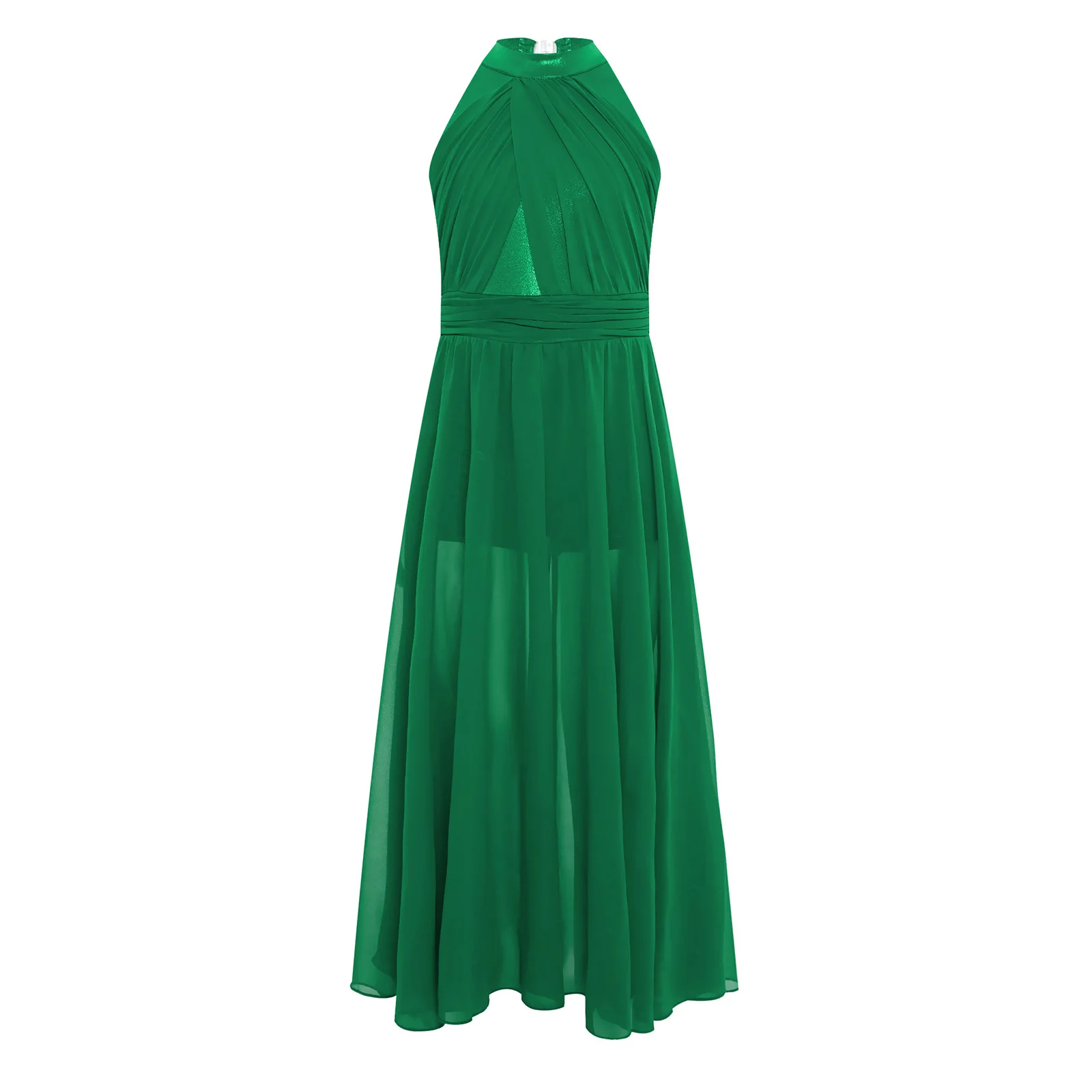 

Kids Girls Modern Lyrical Dance Outfit Chiffon Sleeveless Shiny Metallic Bodice Zipper Ruched Mesh Split Maxi Dress Ballet Dress