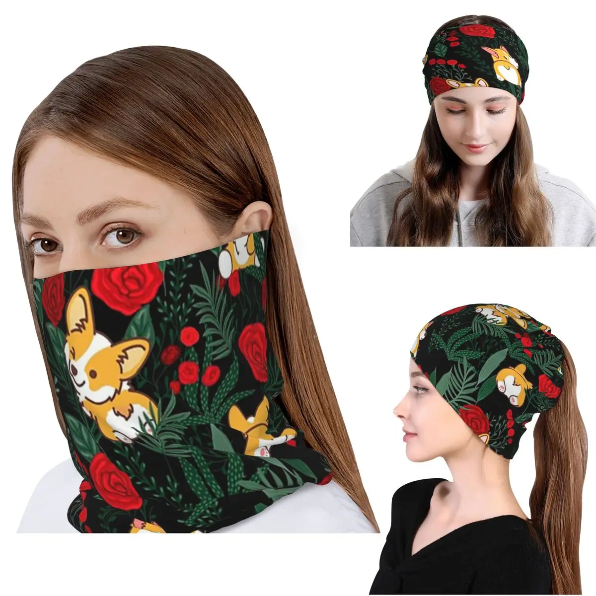 Corgi Dog In Garden Bandana Neck Cover Wrap Mask Scarf Warm Cycling Scarf Beanies Hat Unisex Adult Windproof