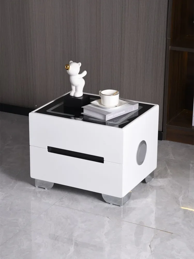 Smart Wooden Bedside Table with LED Light Modern Bedroom 2 Drawers Nightstand with Wireless Charging Creative End Table