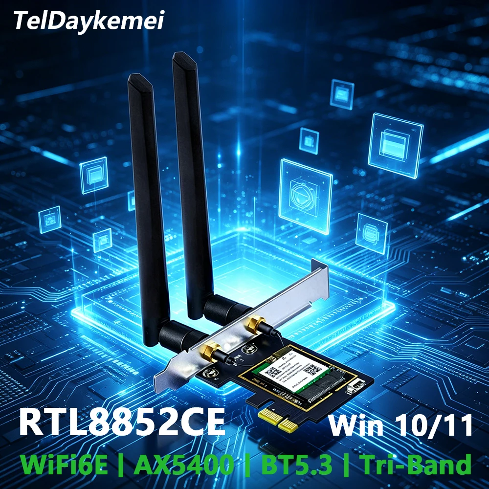 Teldaykemei WiFi 6E AX5400 BT5.3 Tri Band 2.4G/5G/6Ghz Wireless PCIE Adapter RTL8852CE 802.11AX Network Card For PC Win 10/11