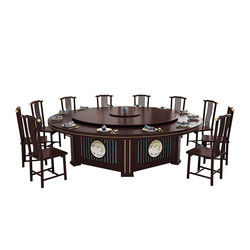 

New Chinese-style hotel electric dining tables and chairs, solid wood round table restaurant commercial large round table