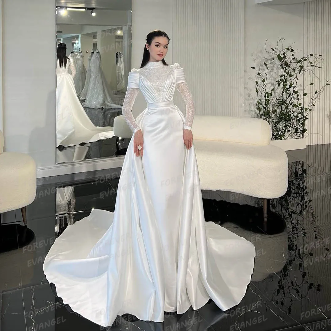 Luxury 2025 Wedding Dresses Mermaid Woman's Formal Sequined Long Sleeve High Neck Bride Gowns Satin Customized Vestidos De Novia