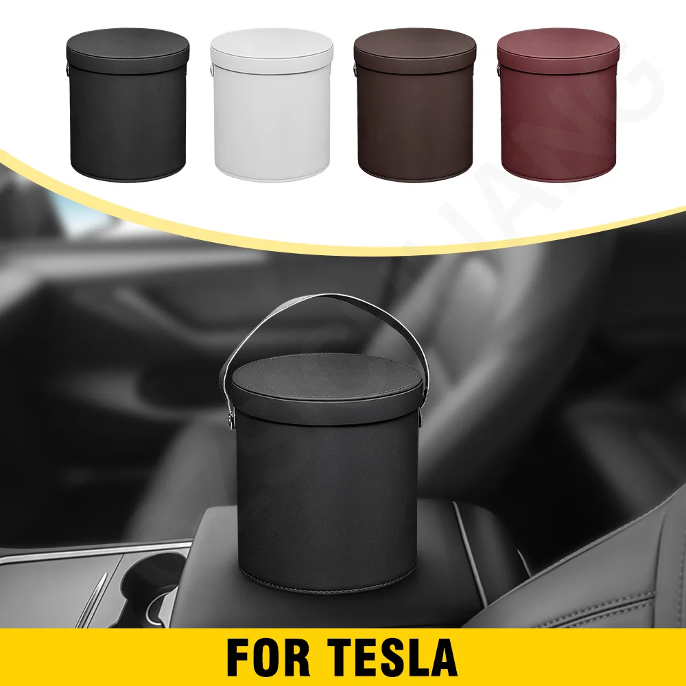 

Car Trash Can Leather Circular With Cover Trash Can Car Accessories For Tesla Model 3 Highland 2024 Model Y Model S 2017 - 2023