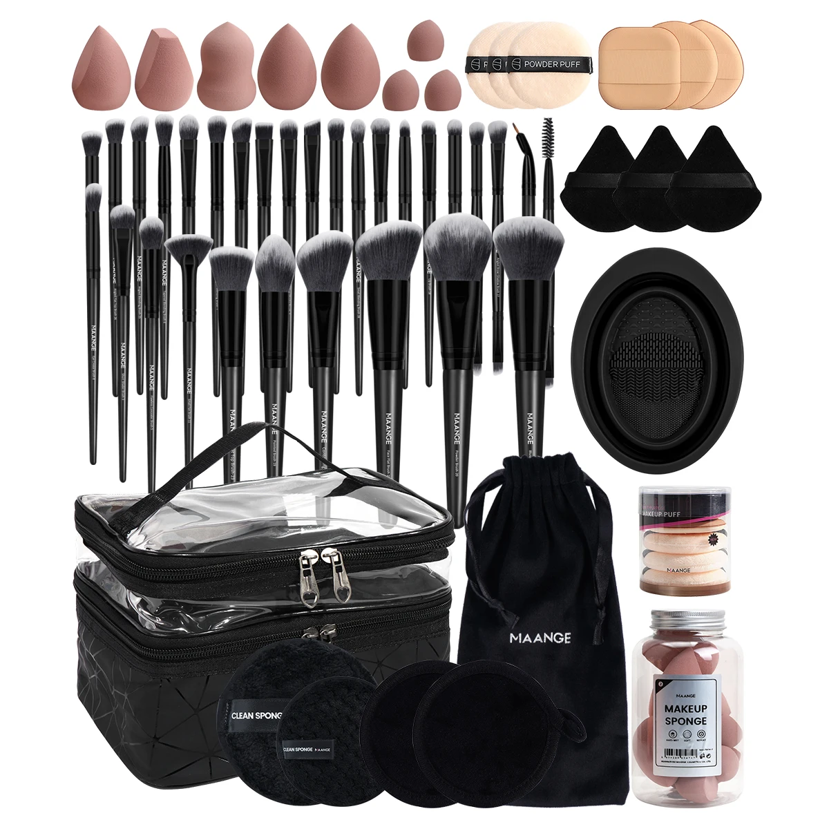 MAANGE 54PCS Makeup Tools Kit 30PCS Foundation Concealer Eyeshadow Blush Brush with Cosmetic Makeup Puff Sponge Set for Travel