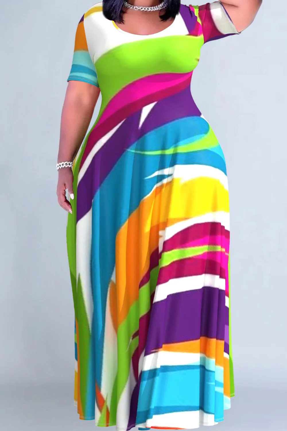 فساتين ماكسي كاجوال متعددة الألوان برقبة واسعة وأكمام قصيرة