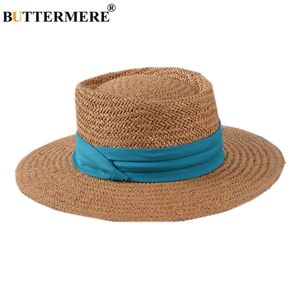 BUTTERMERE Straw Hat Women Summer Flat Brim Cap Ladies Beach Panama Hat Designer Brand Korean Fashion Sun Hats for Women