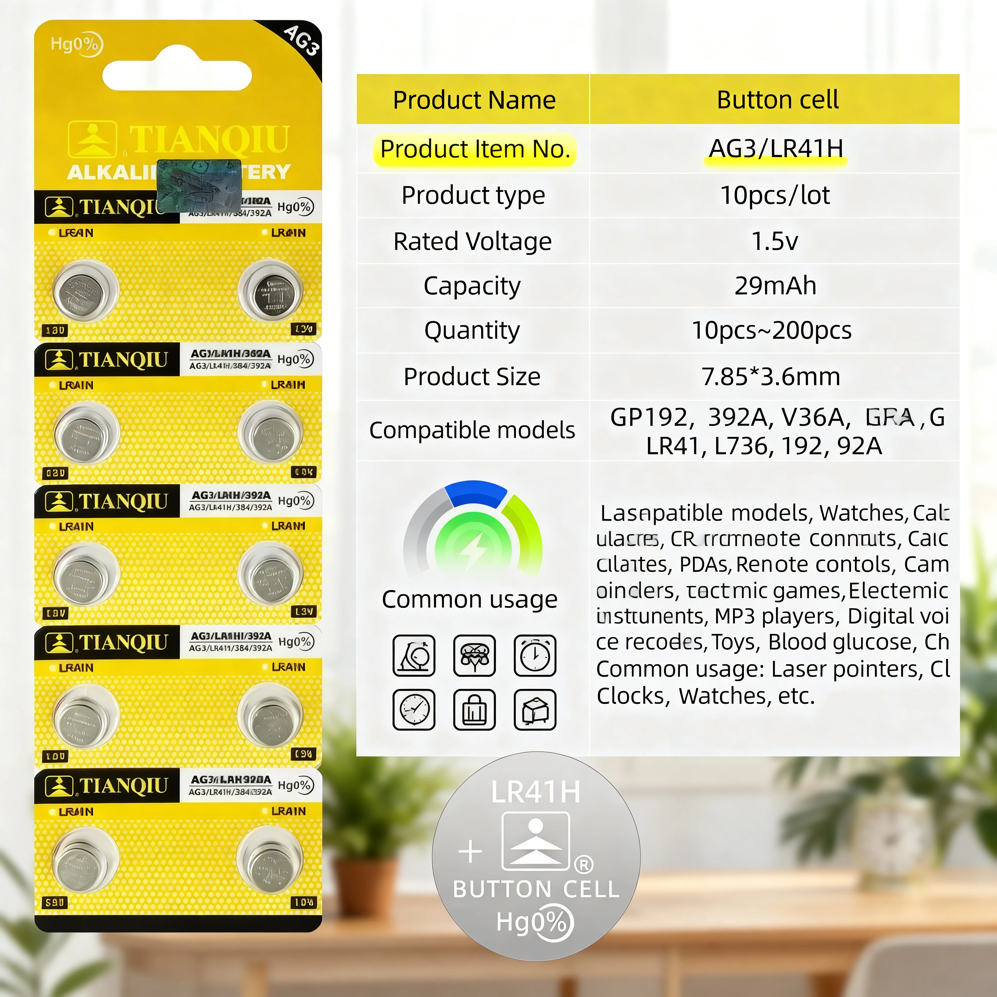 High Performance AG3 LR41 Alkaline Button Battery Compatible with GP192 392A V36A for Quartz Watch MP3 Player