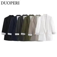 DUOPERI, Blazer liso a la moda para mujer, cuello con muescas, mangas largas enrolladas, trajes de negocios elegantes para oficina para mujer