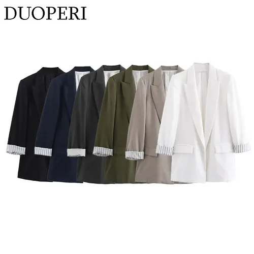 DUOPERI, Blazer liso a la moda para mujer, cuello con muescas, mangas largas enrolladas, trajes de negocios elegantes para oficina para mujer