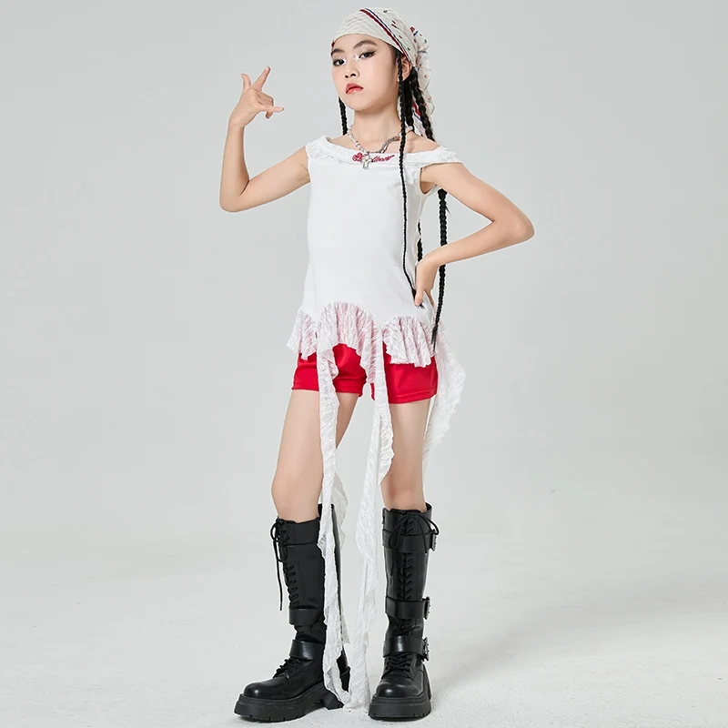 2025 الأطفال أزياء رقص الجاز الحديثة للفتيات كتف واحد الشريط الأعلى السراويل الحمراء وتتسابق الهيب هوب ملابس الرقص DQS19786