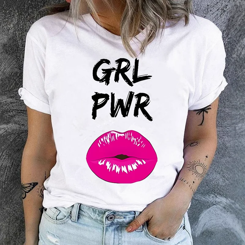New T-shirt Short Sleeve Lip Print for Women Tops  Aesthetic  Graphic T Shirts  Women Clothing Summer polyester fabric