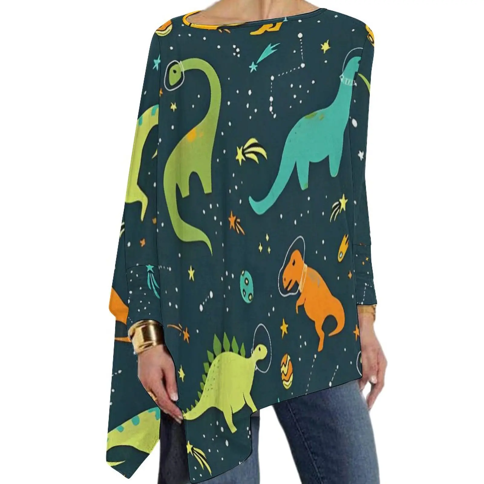 Dinosaurs Space T Shirt Cartoon Animal Pretty Long-Sleeve T-Shirts Casual Loose Big Size Tees Womens Design Clothing Gift Idea