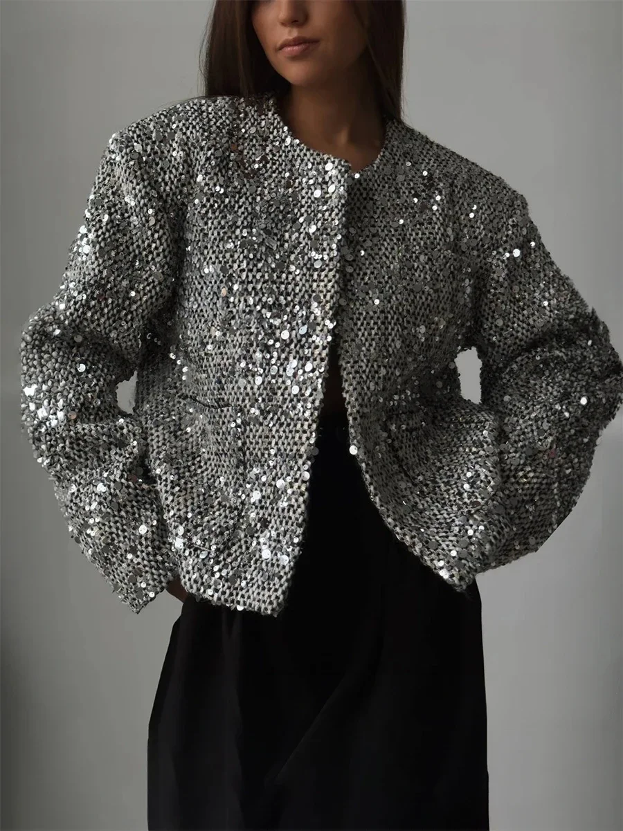 

2026 Autumn Loose Sequin Jacket Women Fashion Chic Silver Coat Casual Warm Chic Elegant Female Coats Woman Clothes