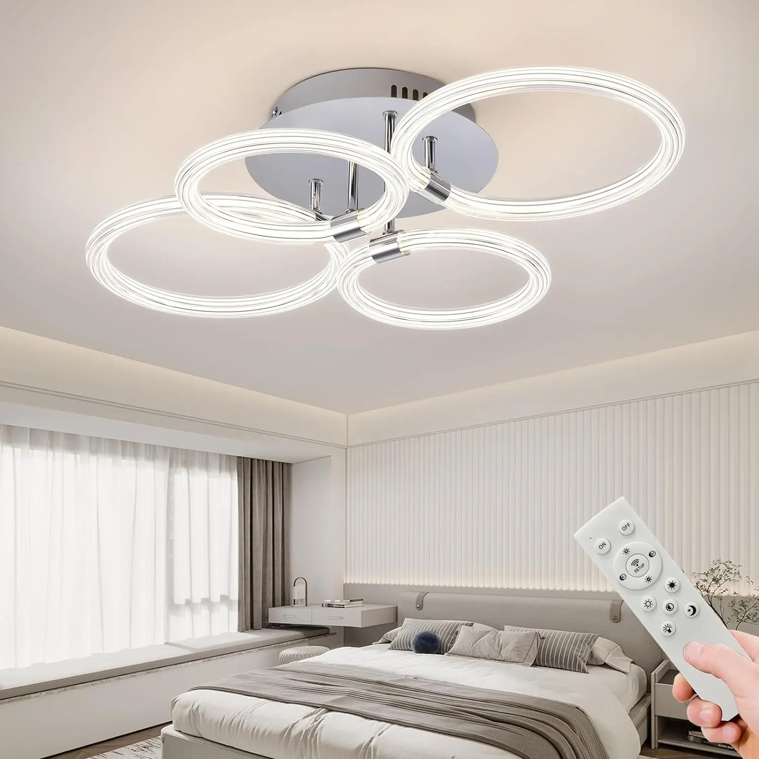 Modern LED recessed ceiling light with dimmable remote control, 6 rings acrylic