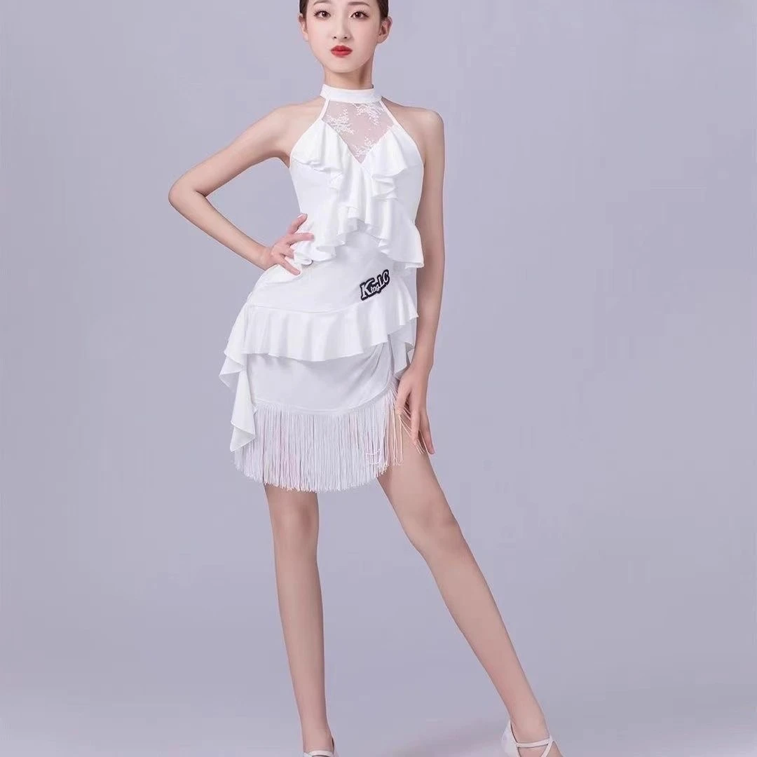 

2025 Spring/Summer New Latin Dance Costume for Girls, Children's Satin Fringe Practice Bodysuit, Kids Dance Outfit Performance