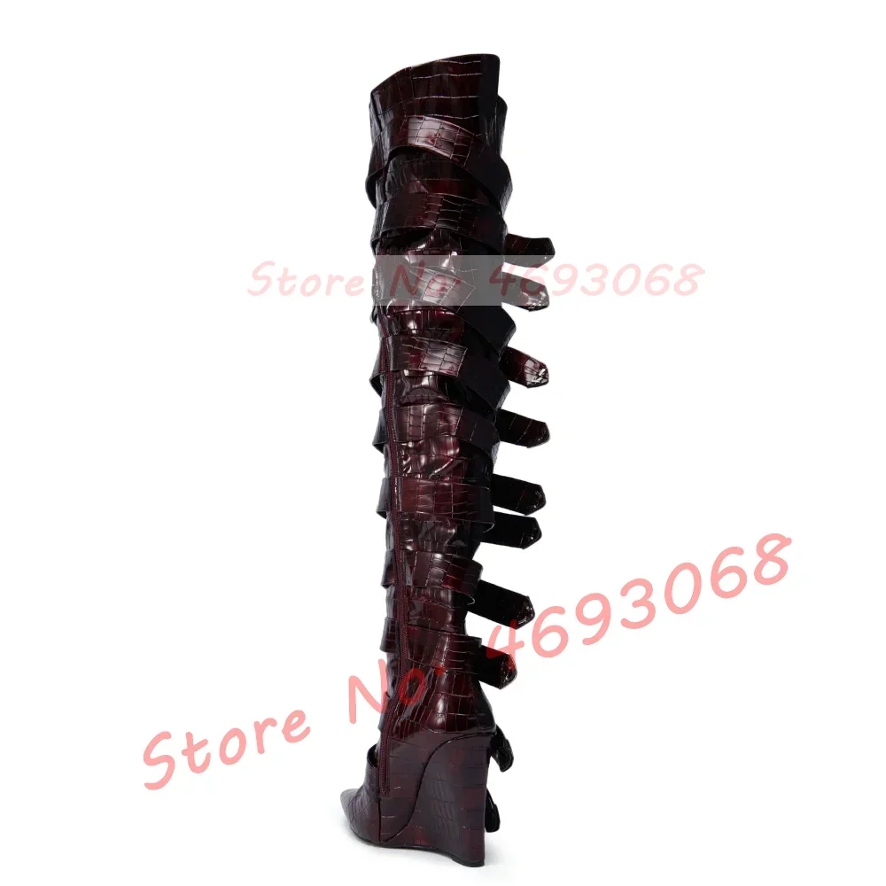 Burgundy Patent Leather Wedge Long Boots Women Sexy Multi Belt Buckle Pointed Toe Shoes Metal Decor Winter New Over Knee Boots