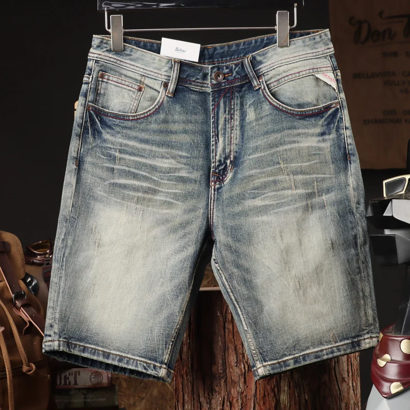 

Лето 2025 г., тонкие высококачественные шорты в стиле ретро, белые, синие джинсы для мужчин, облегающие эластичные брюки с пентаграммой