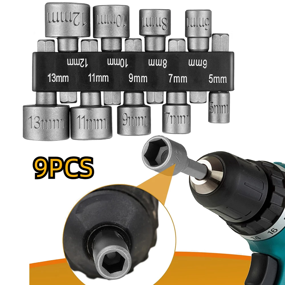 9Pcs Power Nuts Driver Drill Bit Tools Set 1/4\'\' Driver Hex Shank Keys Metric Socket Wrench Screw Impact Driver Bit Set for Po