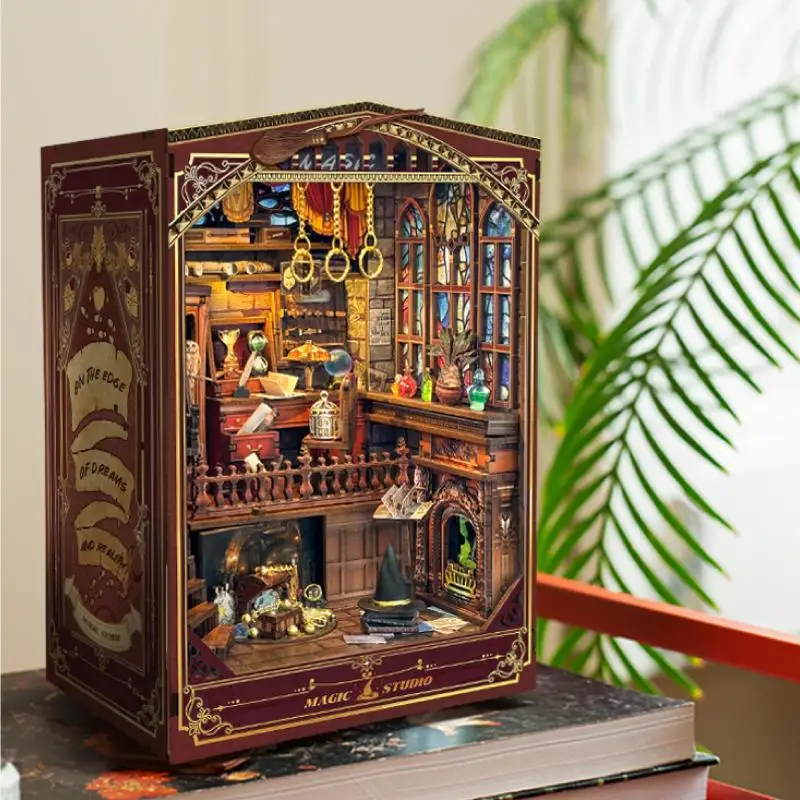 Diy livro nook prateleira inserir kits magia estúdio estante de madeira modelo em miniatura kit artesanal estante para amigos presentes aniversário