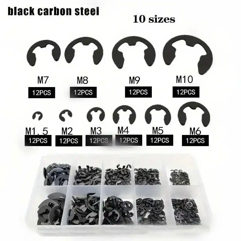 120PCS Black 304 open retaining ring E-type circlip open circlip washer E-type buckle retaining ring M1.5-M10