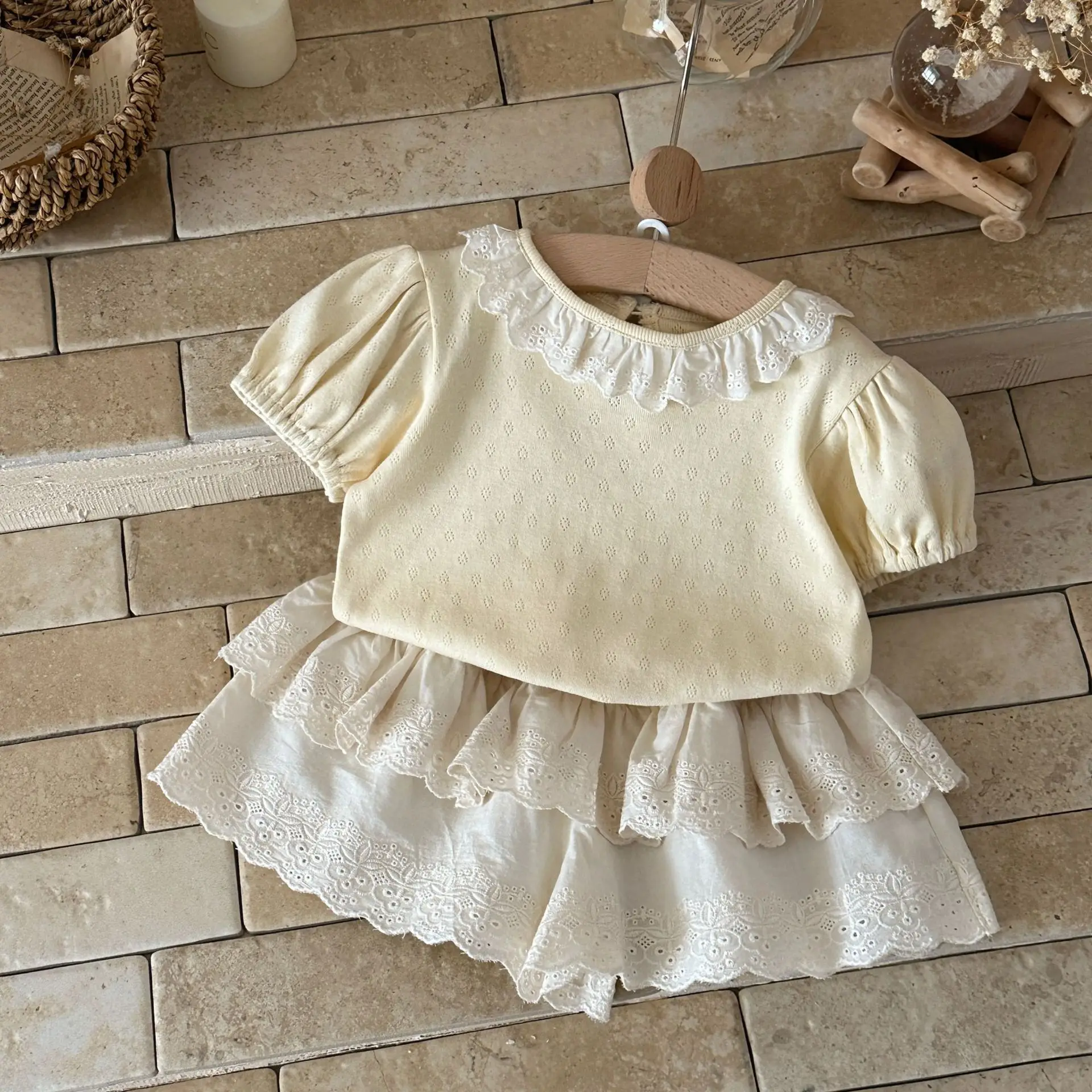 Baby Girls Clothes 2026 Summer Lace Collar Infant Girls Heart-shaped Hollow Out T Shirts Or Sweet Embroidered Lace Skirt Shorts