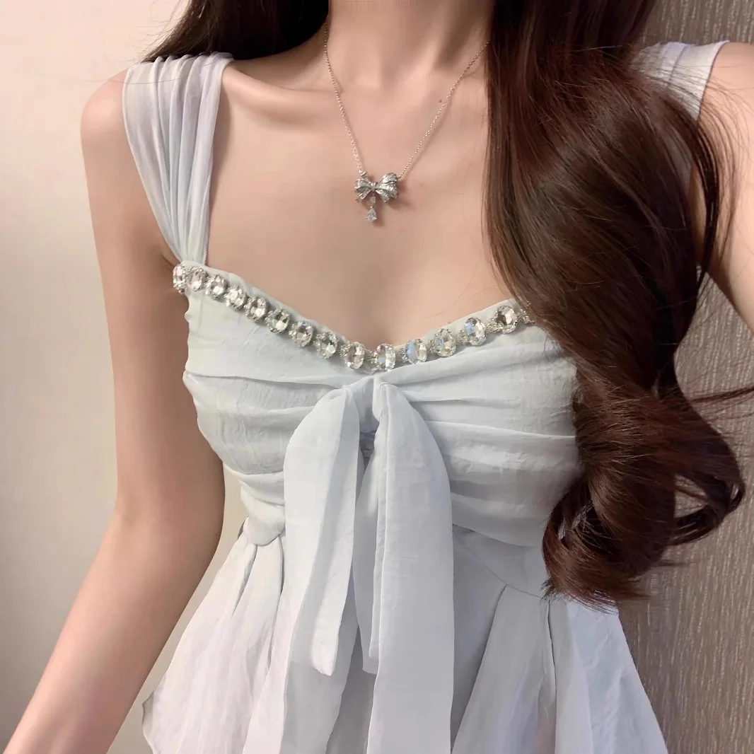 

Light Blue Knot Belted Diamond Embedded Tank Top Women's Summer Slimming Sli Design ort Sve Casual Top