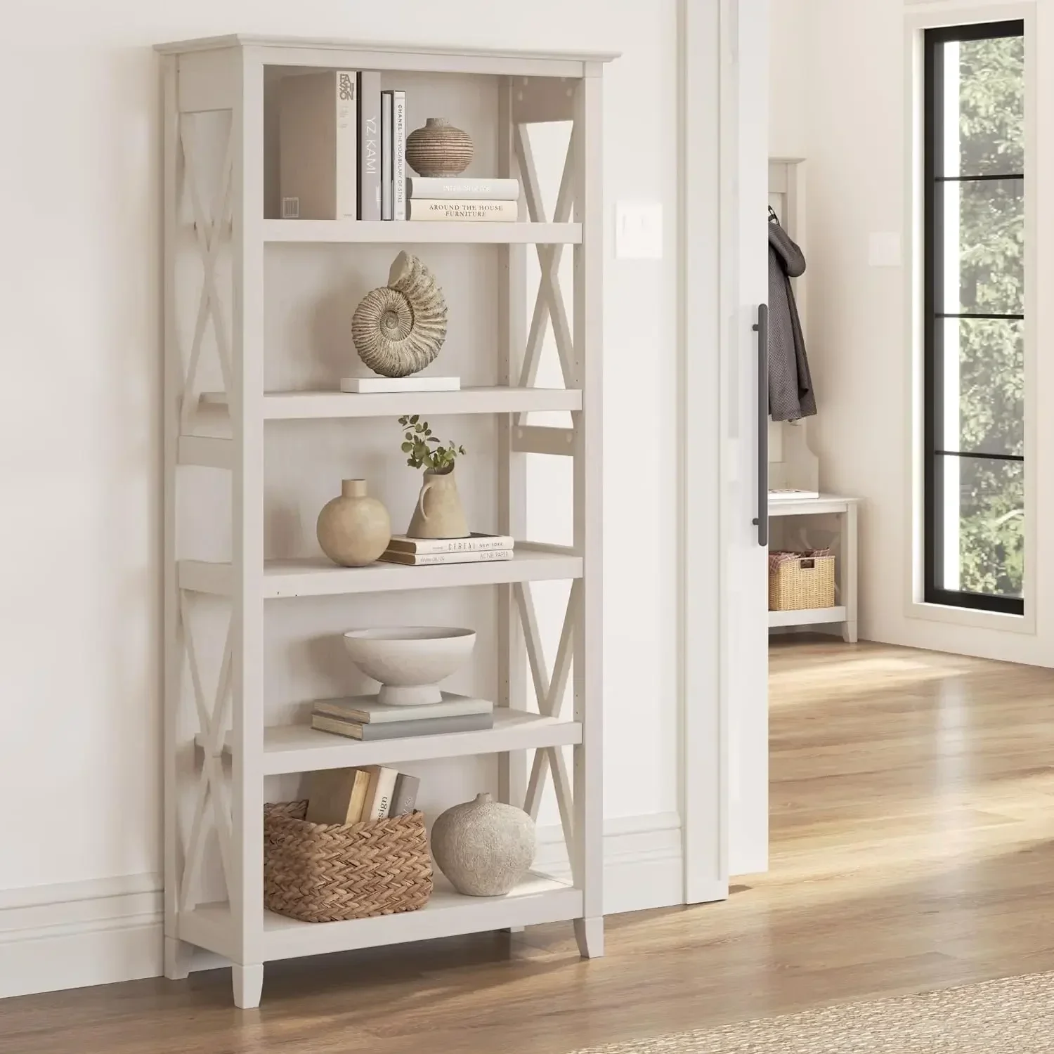 Key West Bookcase Shelf in Linen White Oak | Farmhouse Bookshelf Display Cabinet for Library, Bedroom, Living Roo