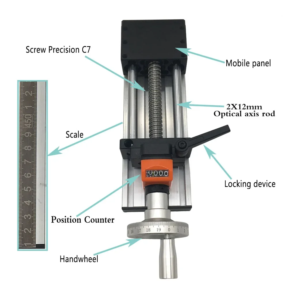 Position Counter Manual Sliding Table 100-500mm Effective Stroke 50x80mm Mobile Panel SFU1605/1610 Ballscrew Manual Linear Guide