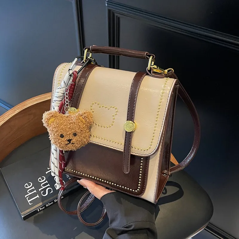 

Korean Cute Bear PU Leather Handheld Backpack Retro Soft Zipper Girls School Bags Cute Small Backpack Shoulder Bag Mini Tote Bag