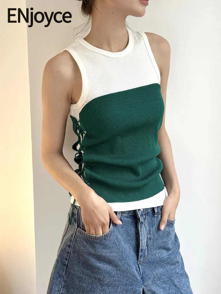 

2024 Summer Women Korean Fashion Lace up Busting Top Knit Vest with Non Straps Slim Camisole Sleeveless Tee y2k Streetwear