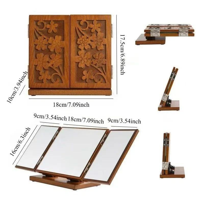 

Makeup Mirror, Foldable Three Sided Wooden Carving Pattern Desktop Cosmetics, Dressing, Beauty and Skincare Tools
