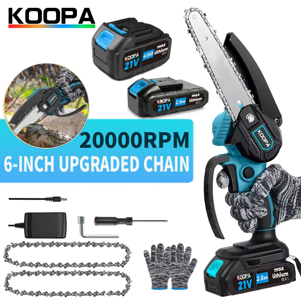 Koopa Tool Cordless Portable 6-Inch Mini Chainsaw, 2.0/4.0Ah Battery Powered 21V Handheld Small Chainsaw