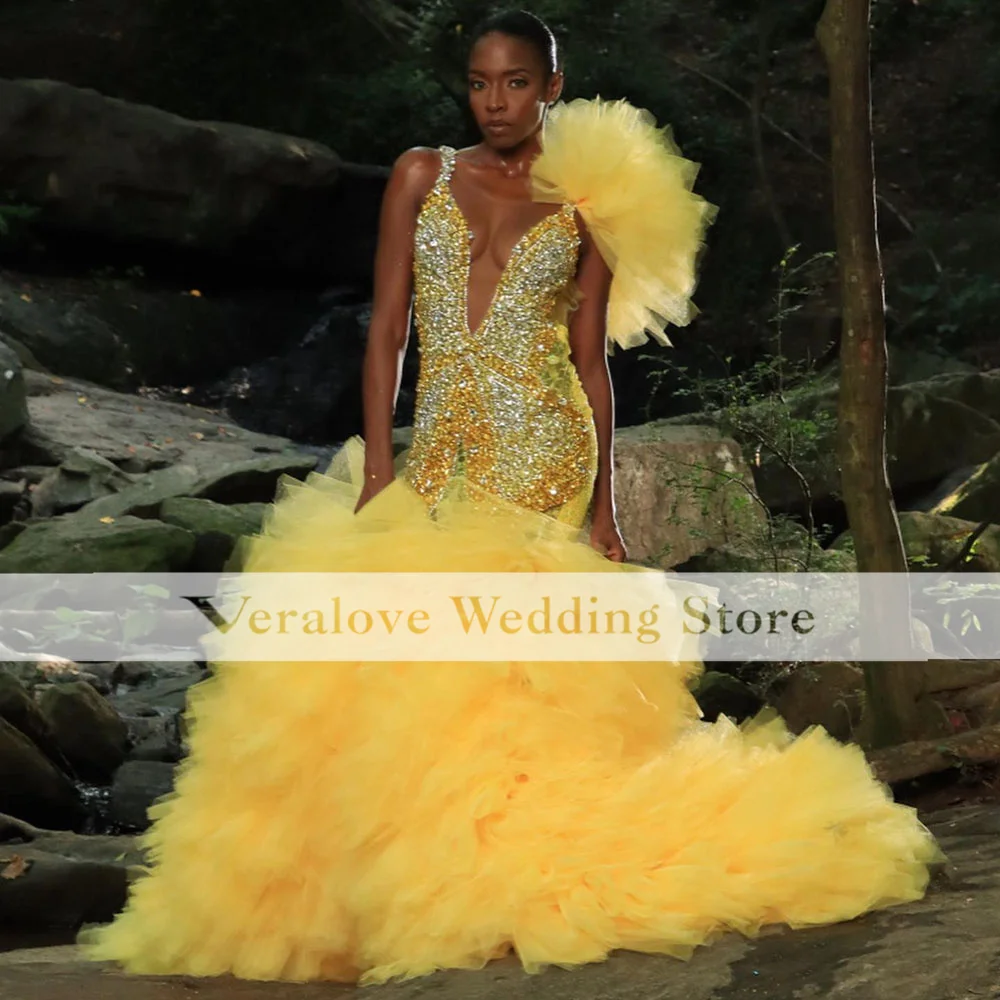 

Luxury Yellow Prom Dress Mermaid Ruffles Train Sexy Slit Rhinestone vestidos de gala Party Gowns Evening Dresses