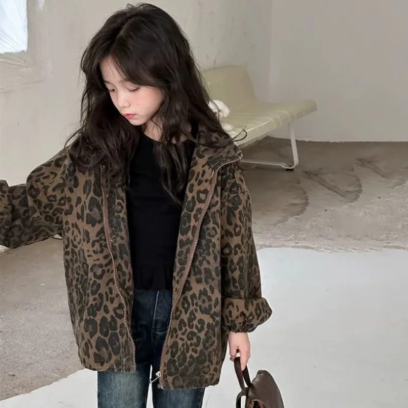 

2025 New Girls' Autumn Leopard Print Zip Up Jacket for Kids 110-170cm Trendy Hong Kong Style Streetwear Jacket