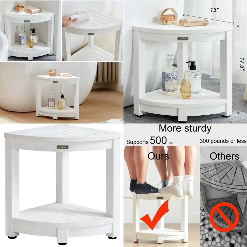 

Waterproof Corner Shower Stool, White Poly Lumber Bench Seat, Plastic Shower Chair with Adjustable Feet and Non-Slip Surface