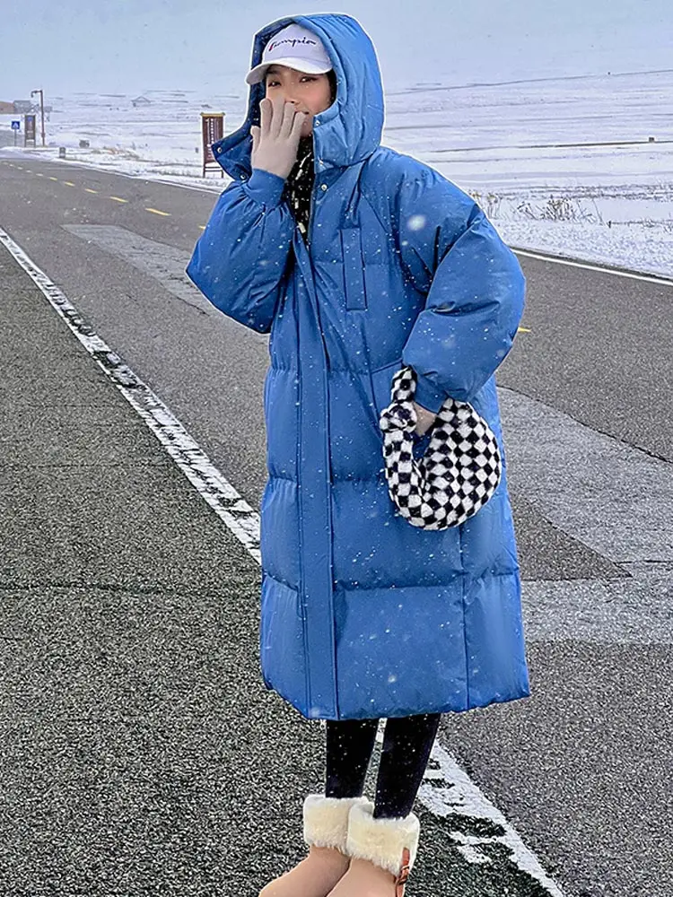 Vielleicht-Parkas X-Long para mulheres, casaco monocromático com capuz, roupas soltas acolchoadas, grossas e quentes, roupa de neve feminina, jaqueta coreana, inverno, 2022