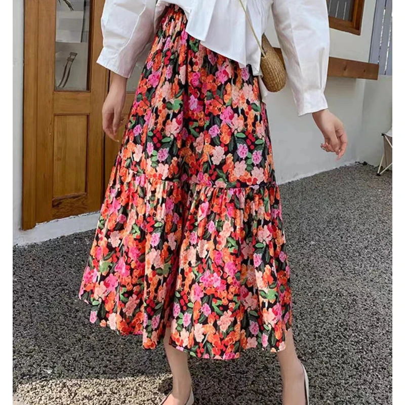 Women Vintage Floral Print Pleated Streetwear Midi Skirts Female Summer Trendy Elastic High Waist Sweet Chic A-line Skirt Faldas