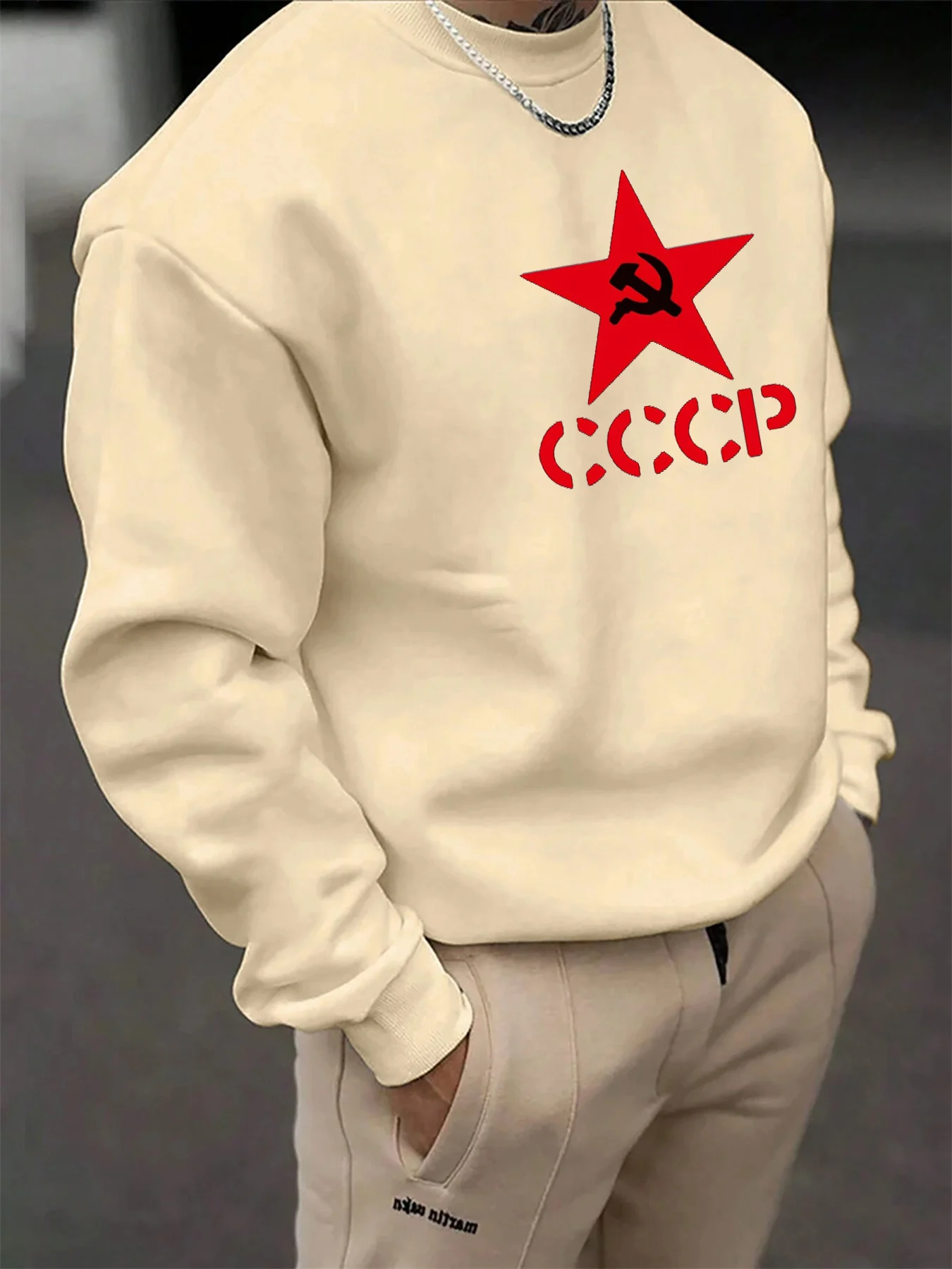 

Мужская осенне-зимняя теплая повседневная свободная модная толстовка с длинными рукавами и круглым вырезом с буквенным принтом