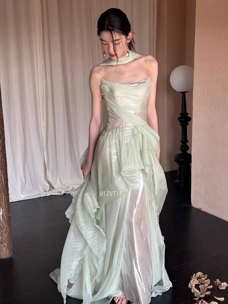 Gaun Malam Pesta Mint Verngo Gaun Acara Formal Berlipat Putri Duyung Tanpa Tali Wanita Gaun Prom Punggung Terbuka Berkilau Elegan Dapat Disesuaikan