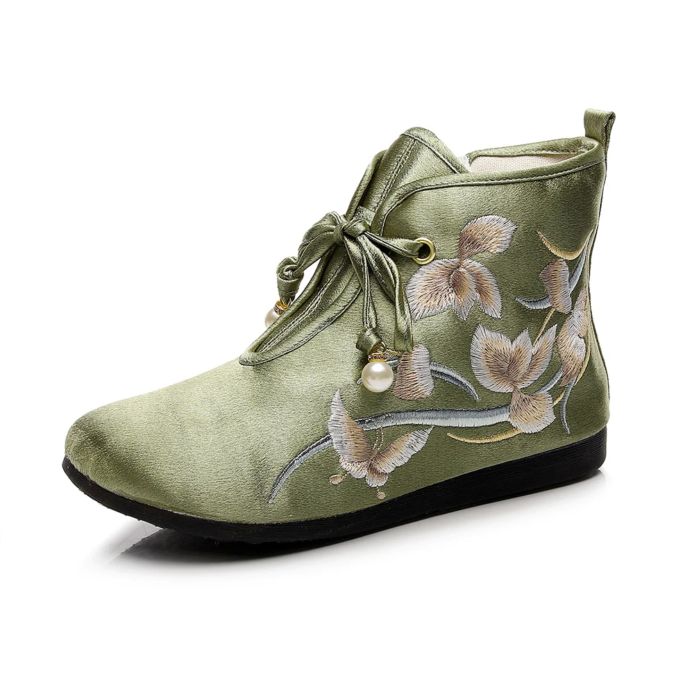 Veowalk Women Satin Cotton Fabric Lace Up Short Ankle Flat Boots Soft Comfortable Embroidered Shoes Green Beige White Booties