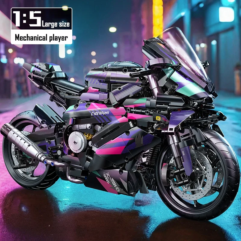 1:5 Schaal Cyberpunk Mechanische Motorfiets Bouwstenen Model Kit DIY Constructie Speelgoed voor Volwassenen Kinderen Educatieve Moto Bricks