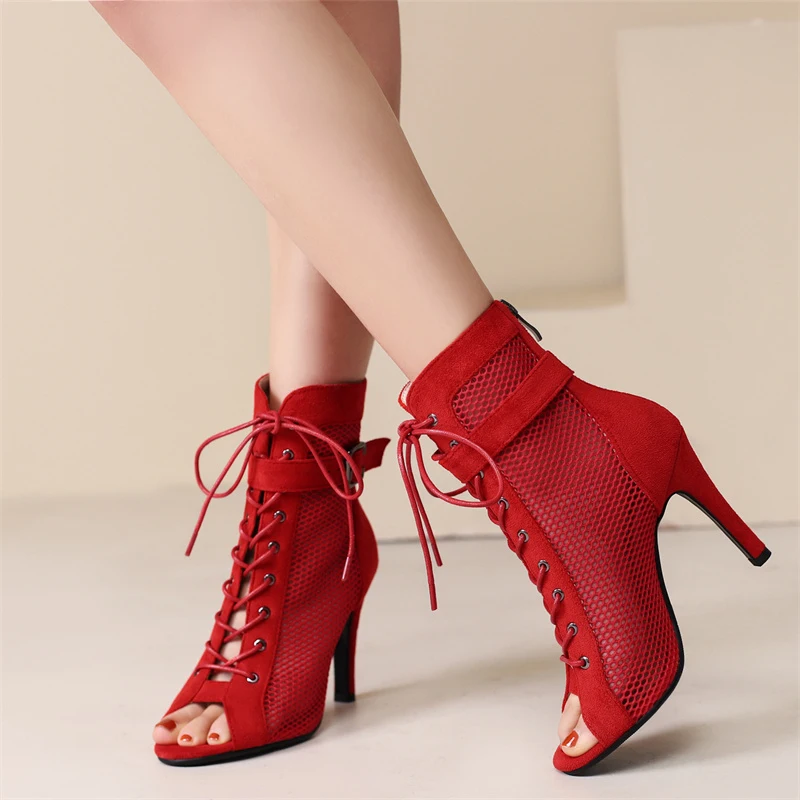 Zapatos de verano para mujer, sandalias sexis con punta abierta, botines de gladiador huecos con cordones, tacones altos, zapatos de baile de Jazz para mujer de talla grande