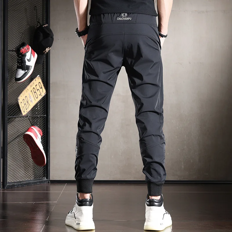 남성용 여름 아이스 실크 캐주얼 바지, 슬림핏, 신축성, 통기성, 발목 묶음, 스트리트 속건 스포츠 바지