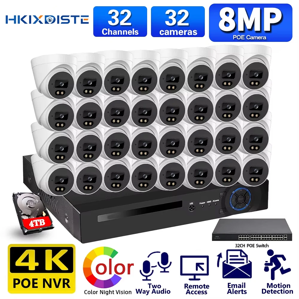 32CH H.265+ 4K NVR 8.0MP Indoor Outdoor Color Night Vision Two Way Audio POE IP Cameras Kit HD 8MP Video Security Camera System