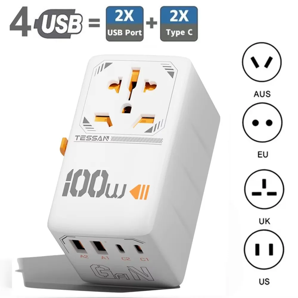 TESSAN 100 W/65 W GaN universele reisadapter met 2 USB 2 Type C snel opladen alles-in-één internationaal EU UK USA AUS voor reizen