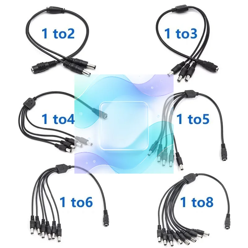 1 to 6 Way DC Power Splitter Cable 12V Adapter Cord 55x21mm Short Circuit Protection for Warehouse LED Light CCTV Cam
