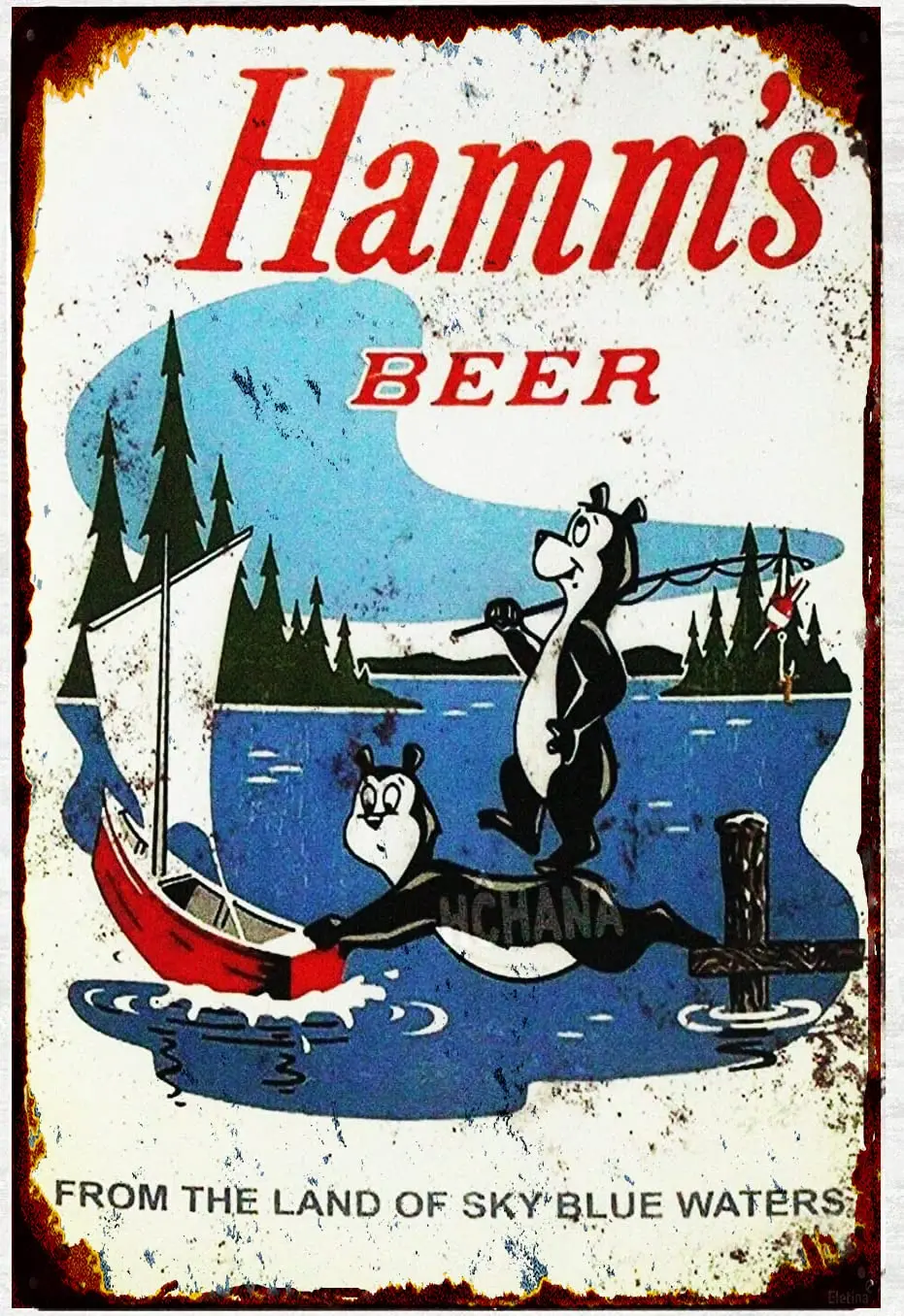 1PCS,Vintage Metal Tin Sign Hamms Beer Bear Fishing Lake Boat tin Metal Sign es