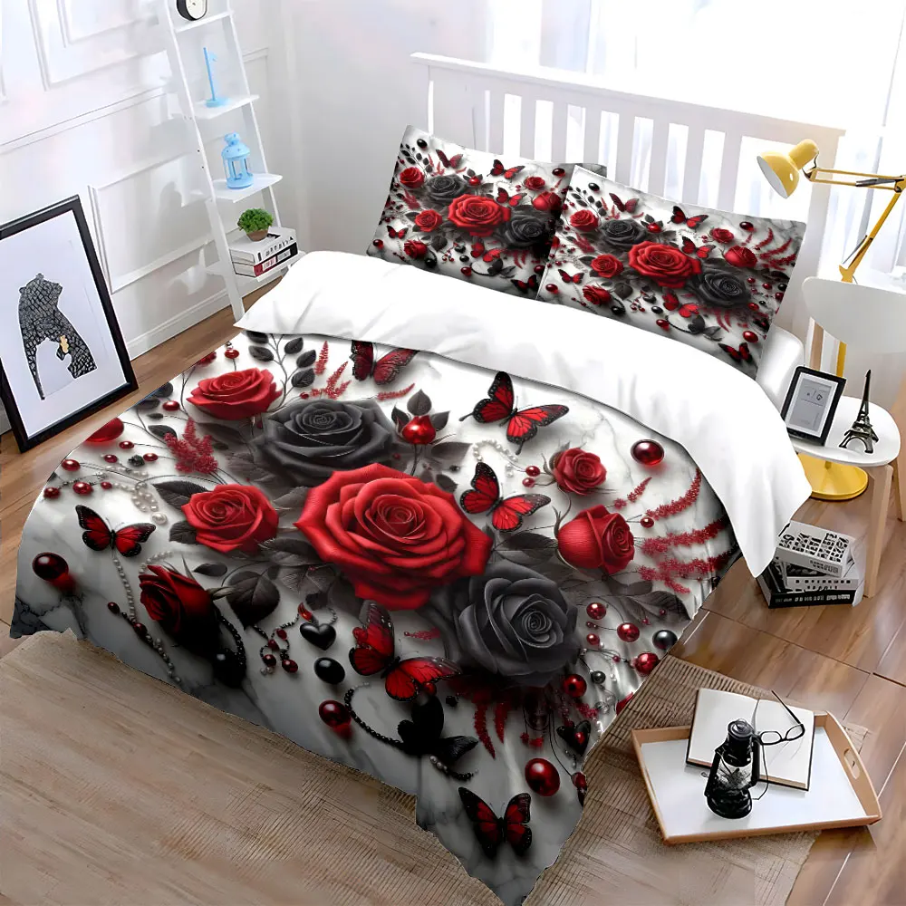 Red and black roses with butterflies Bedding Set for Kids Luxury Gift 3pcs Digital Print Comforter Set Soft Comfortable
